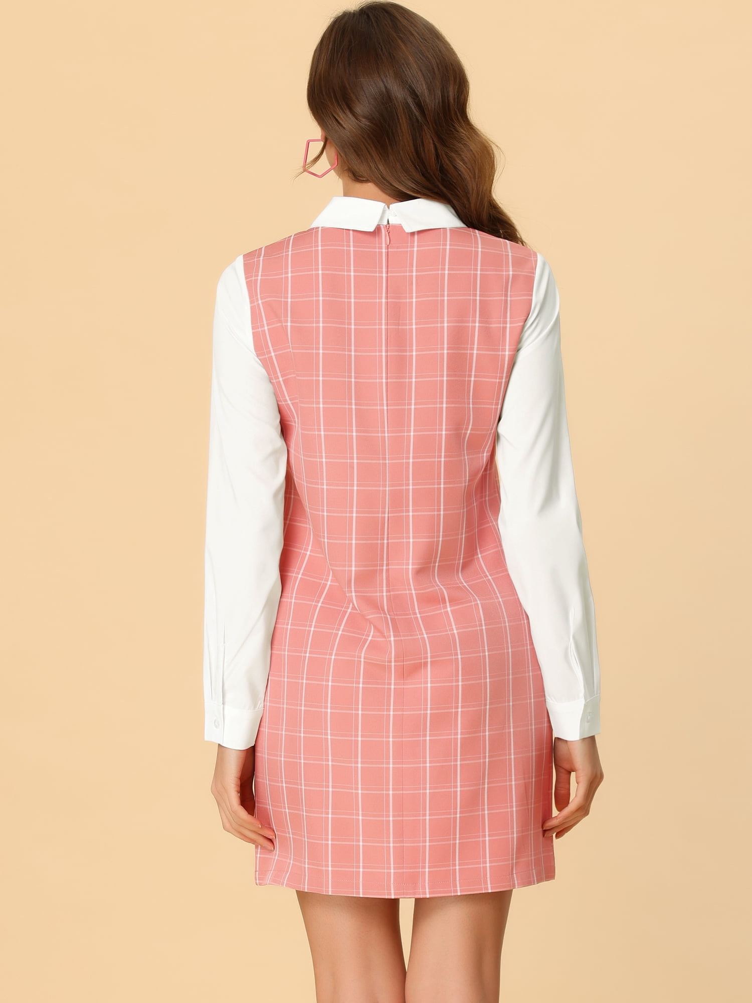 DARING DIVA Women's Peter Pan 60s Color Block Mini Long Sleeve Dress M Pink
