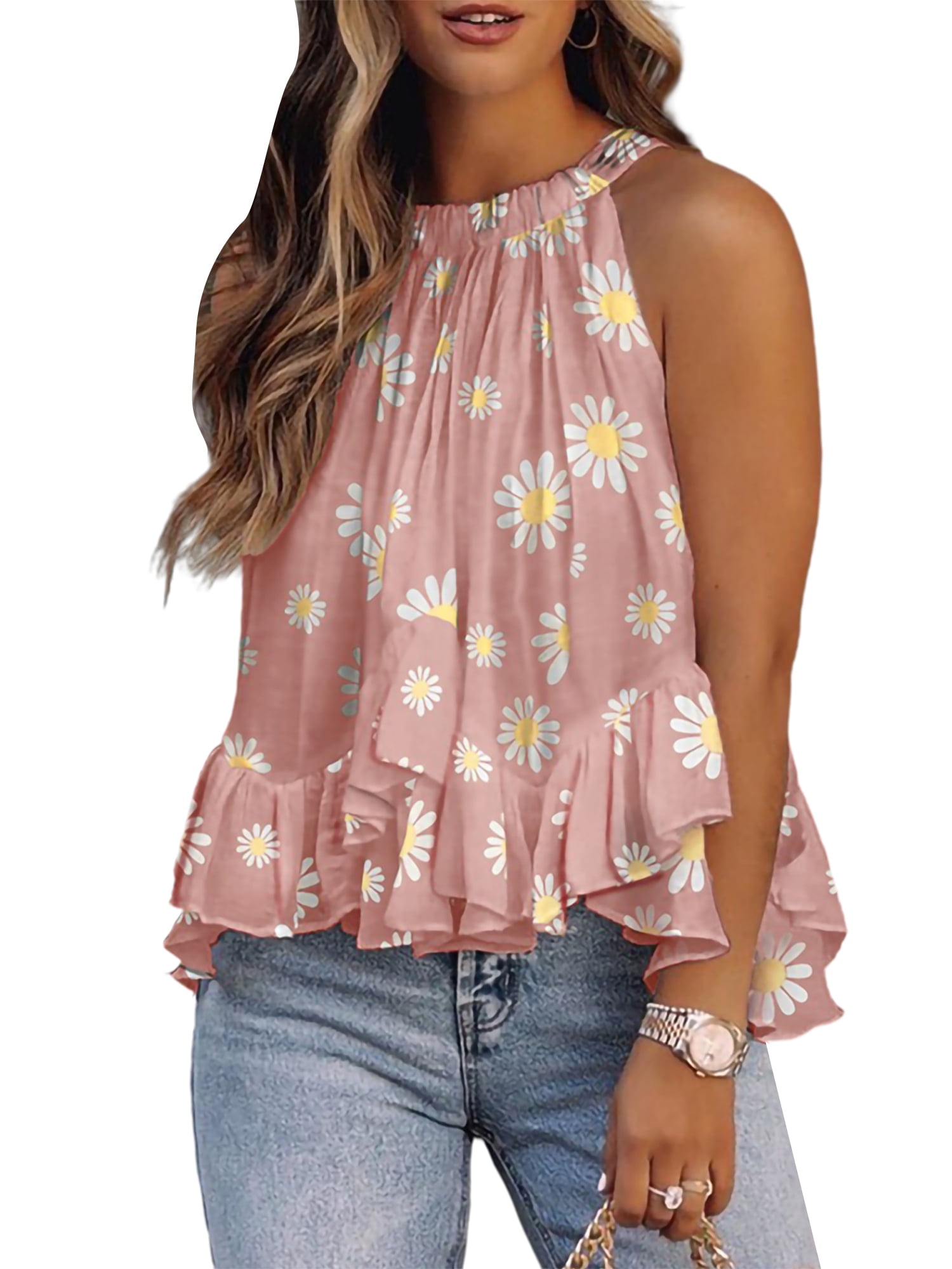 Women Halter Ruched Ruffle Tank Tops Solid Color Print Double Layer