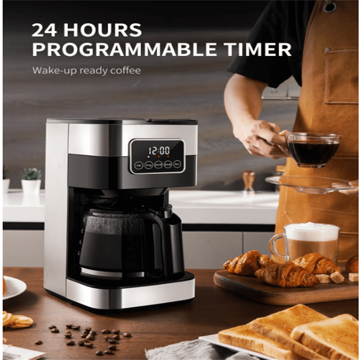 10-Cup Programmable Coffee Maker, Regular & Strong Brew Drip Coffee Machine for Home and Office, Auto Shut Off, Permanent Filter, Silver