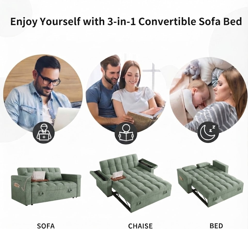 ShiKeyi 65" 3-in-1 Convertible Sofa Bed, Pull Out Loveseat with Chenille Fabric/Hidden storage space/Cup holder, Sleeper Sofa Bed for Living Room, Green