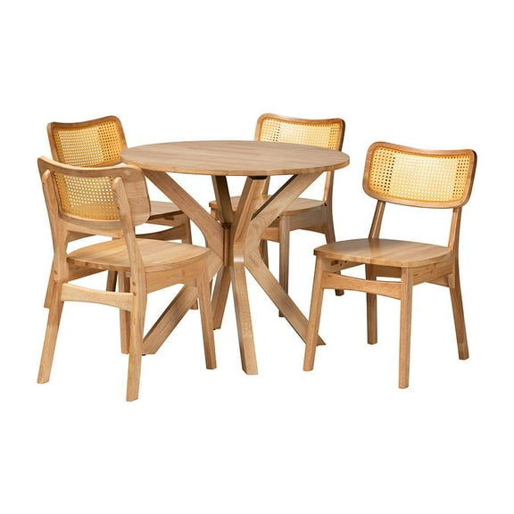 Baxton Studio Camilo Mid-Century Modern Oak Brown Finished Wood and Rattan 5-Piece Dining Set