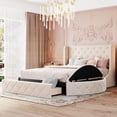 thumbnail image 2 of Upholstered Platform Bed Queen Size Storage Velvet Bed with Wingback Headboard and 1 Big Drawer,2 Side Storage Stool(Beige), 2 of 21