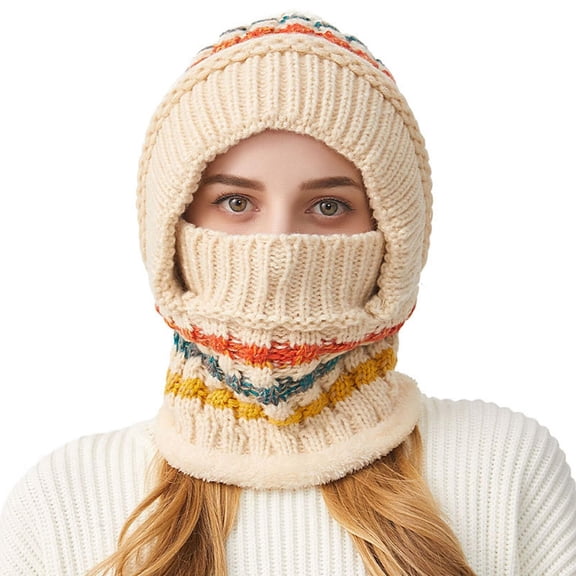 LKJYER 3 in 1 Hat with Scarf and Mask Crochet Boho Knitted Balaclava Hat Winter Warm Balaclava Hats Scarf Mask Set