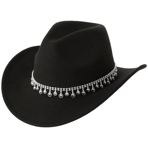 Slccxzc Vintage Western Cowboy Hat with Rhinestone Tassel, Wide Brim Country Concert Headwear