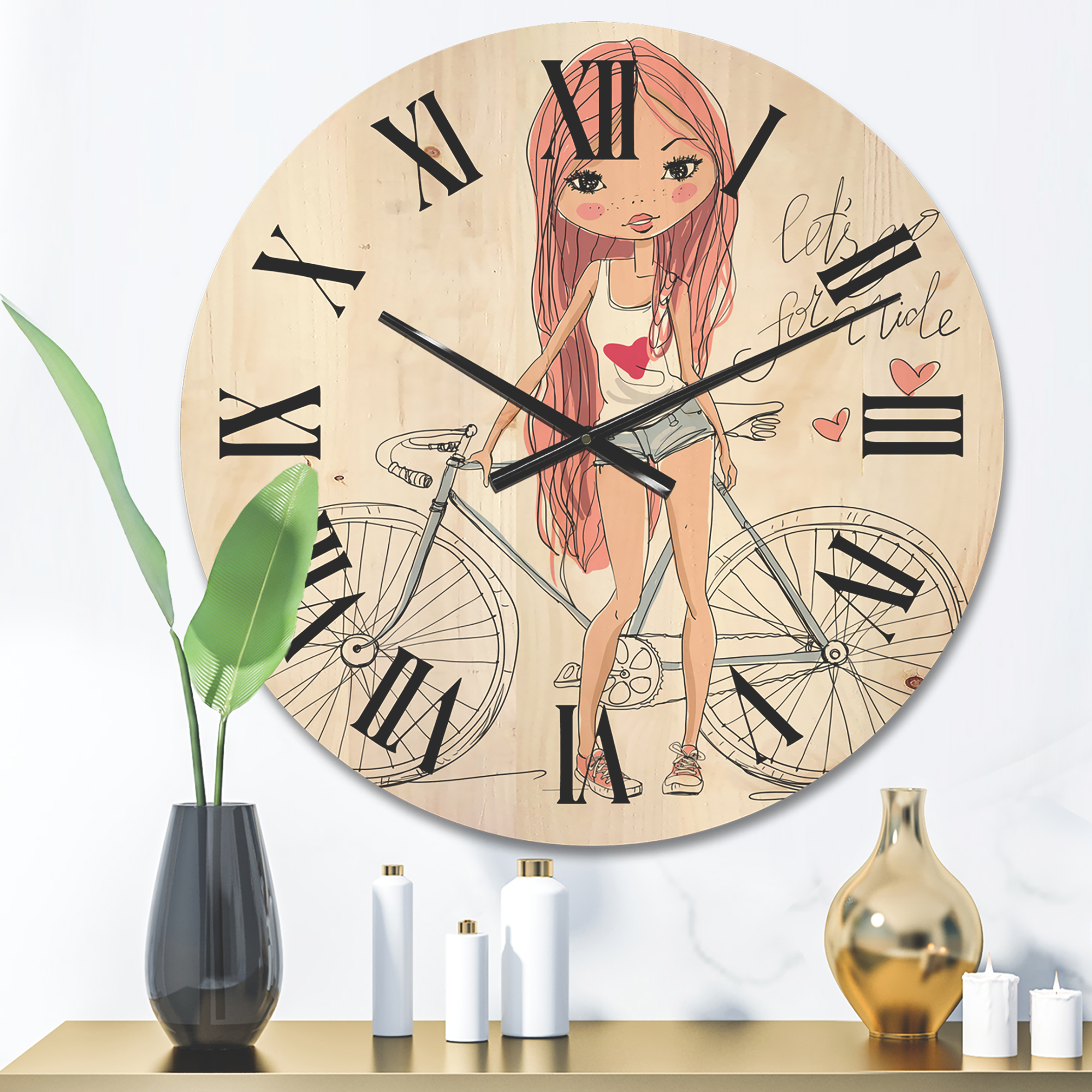 Designart 'Young Woman With Bicycle' Children's Art Wood Wall Clock
