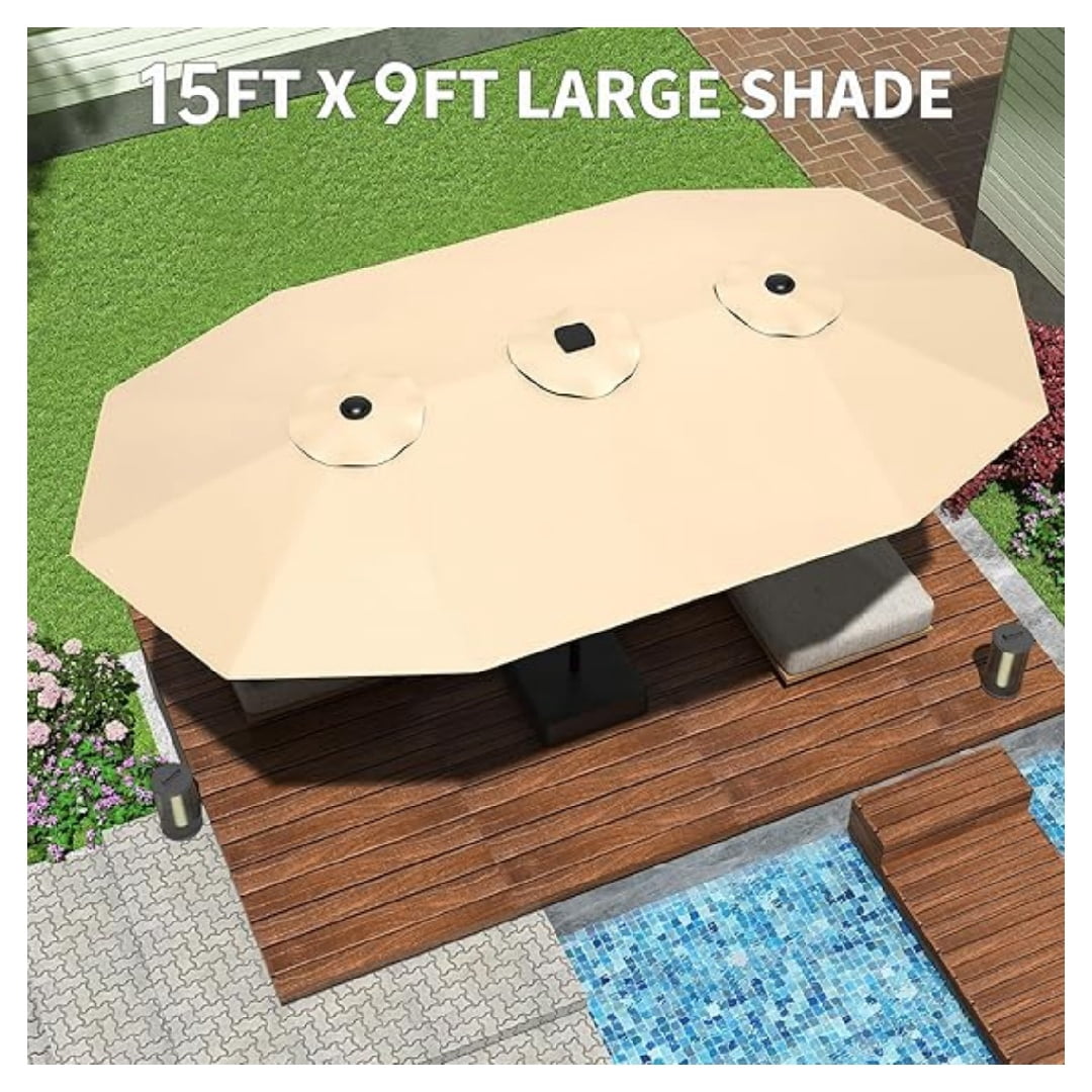 Heavy Duty 15FT Patio Umbrella with Weighted Base - Double-Sided Sun Shade for Outdoor Dining, Poolside, Backyard (Crank Handle, UV Blocking Fits 2-8 People)