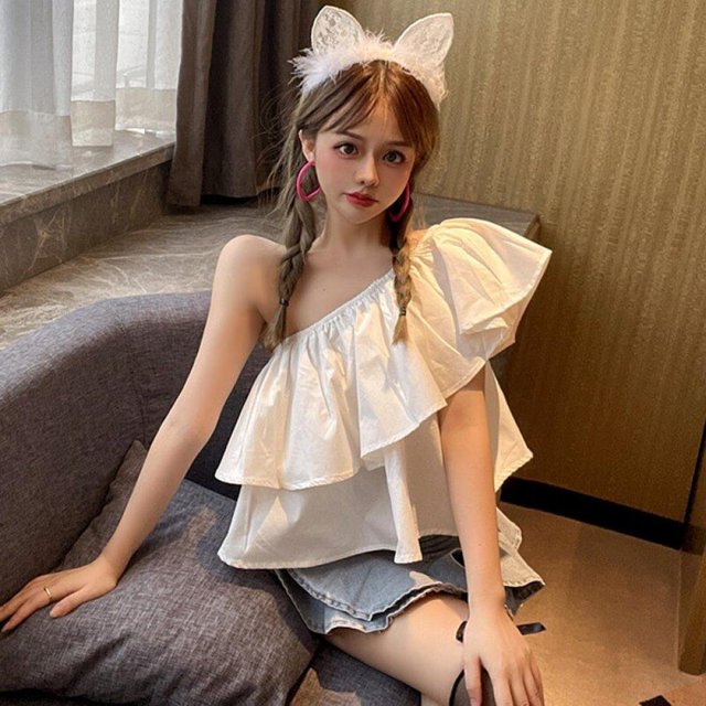 AMERTEER Women One Shoulder Blouse Ruffled Layered Sleeveless top Tee Off Shoulder Pullover T-Shirt Solid Color Cropped Shirt
