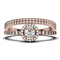 Dazzling Minimalist 2.00 Catar Round Cut Diamond Moissanite Engagement Ring, Wedding Ring, Two Matching Band in 10k Solid Rose Gold, Gift For Her, Silver, Halo Trio Ring Set