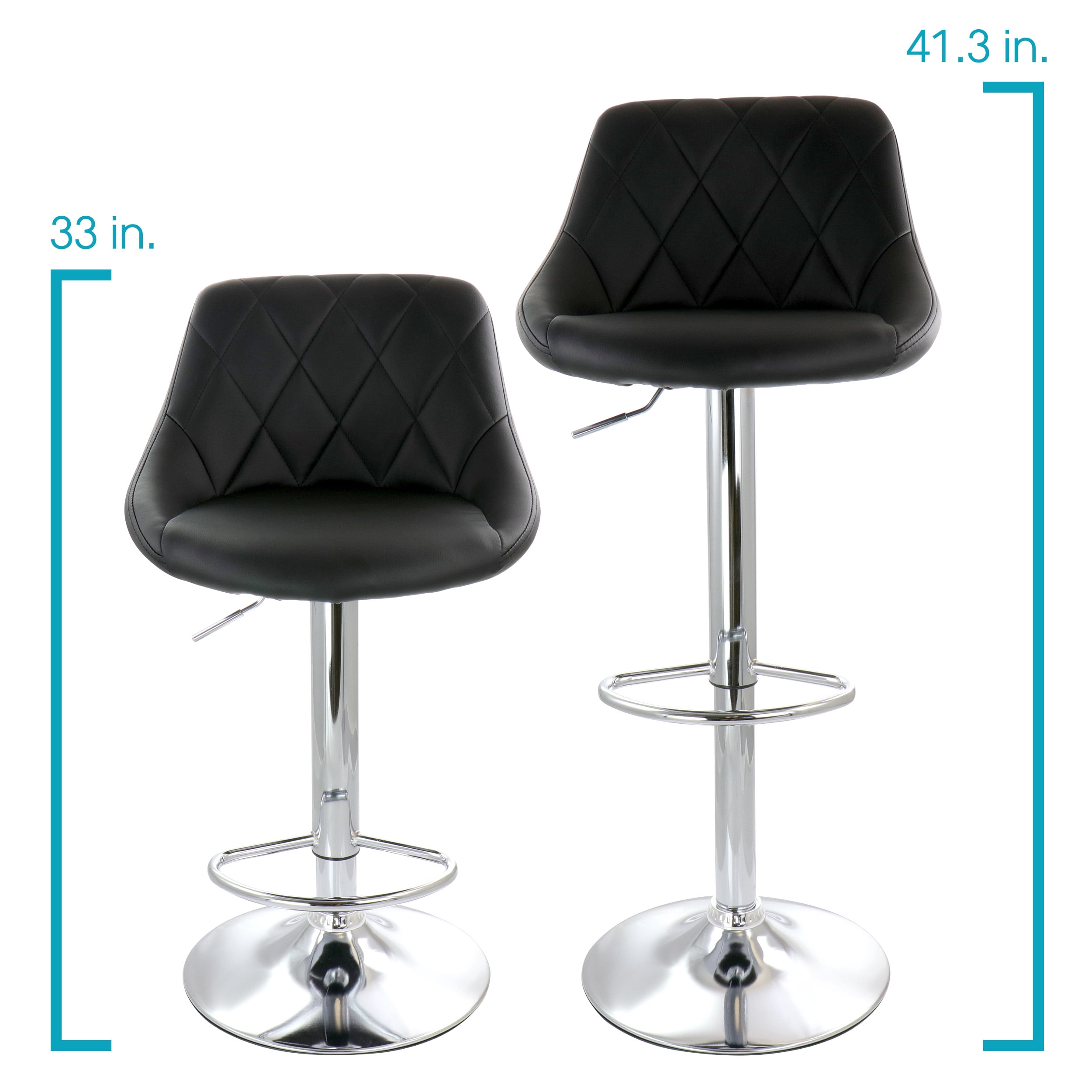 Elama 2 Piece Diamond Stitched Faux Leather Bar Stool in Black with Chrome Base and Adjustable Height