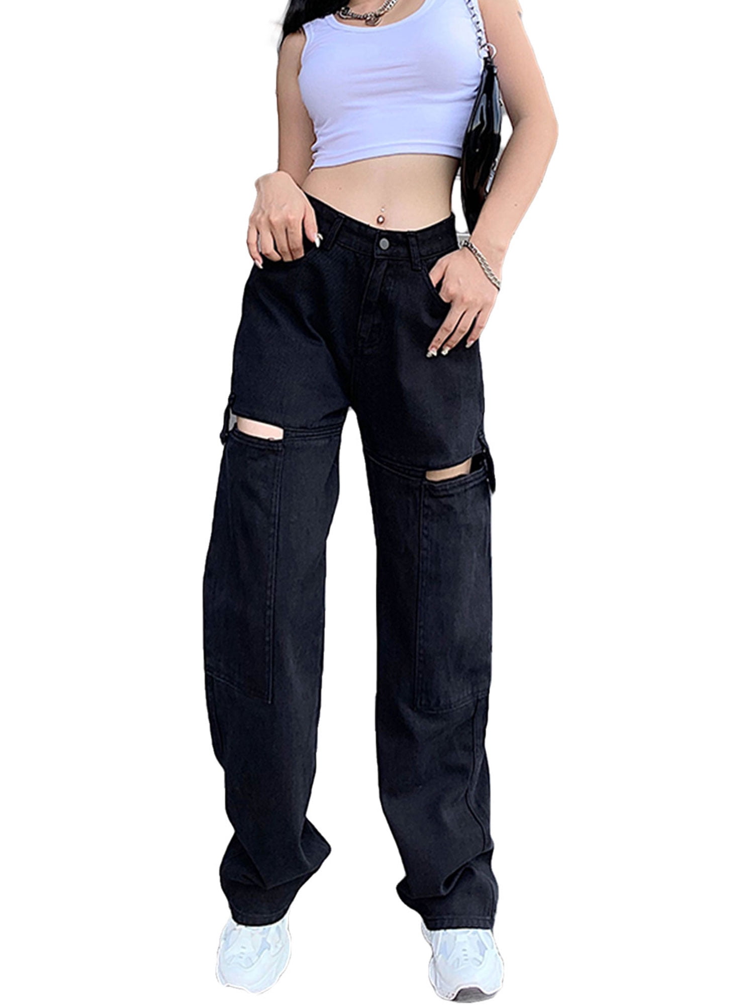 Women Wide Leg Jeans Straight Ripped Bf 