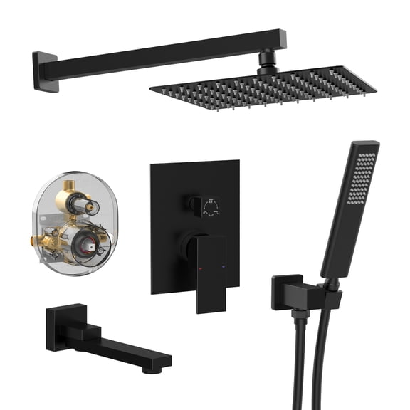 Cobbe Male NPT Folding Bathtub Shower Faucet, Rain Shower Head System with Bath Tub Faucet Set and Handheld, Matte Black, Rough-in Valve and Diverter