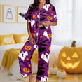 thumbnail image 2 of Kcolen Satin Halloween Pajamas Women Long Sleeve Pants, Women's Halloween Pajama Two Piece Sets Notch Collar Pumpkin Print Sleepwear,Purple,M, 2 of 5