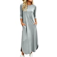 thumbnail image 3 of Zynoxe Maxi Dresses for Women Classic Round Neck 3/4 Sleeve Dresses Casual Loose Solid Color Long Dress Soft Stretchy Daily Wear T-Shirt Dresses with Side Spilt & Pockets S, 3 of 8