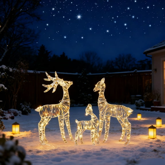 iCapeson 3-Piece 2.4FT Lighted Reindeer for Christmas, Outdoor Decor with 110 Warm White LEDs, Low Voltage 4.5V Plug-in Iron Frame for Yard & Indoor Holiday Display