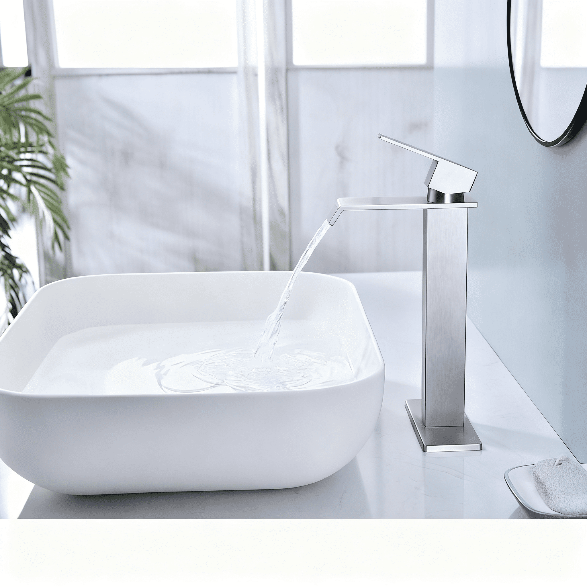 Waterfall Spout Bathroom Sink Single Handle Faucet with Pop-Up Drain (No Overflow)