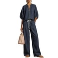 thumbnail image 4 of Xunmmm Women's Cotton Linen Two Piece Set Loose Fit Half Sleeve Zipper Shirt and Wide Leg Pant Casual Summer 2 Piece Set for Women Linen Pants Set Outerwear, 4 of 6