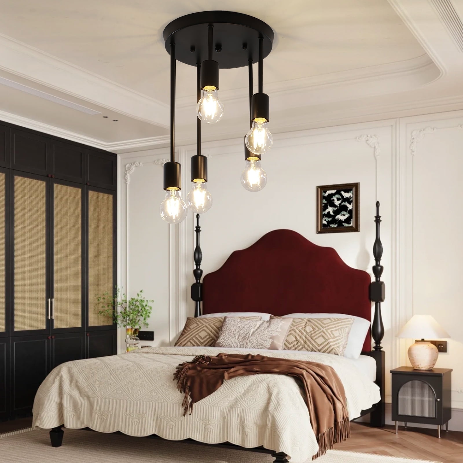 HALIGATE 5-Light Farmhouse  Ceiling Light Semi Flush Mount for House, Black Hallway Light Fixtures Kitchen Ceiling Light Fixtures for Living Room Foyer, E26 Base