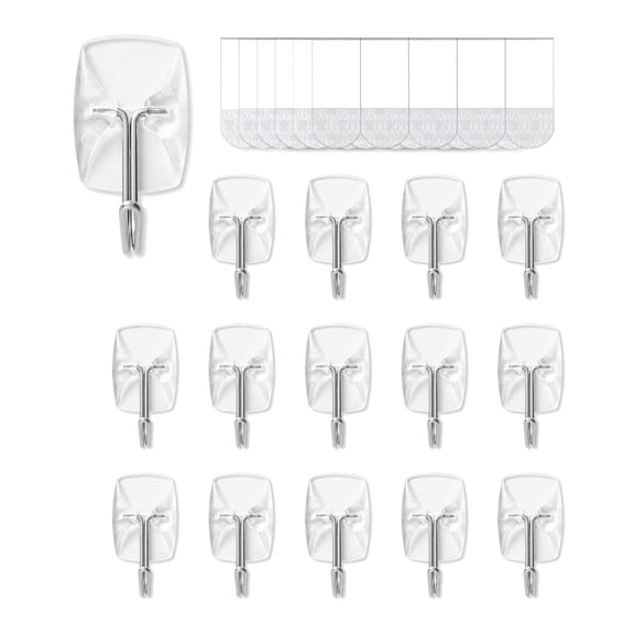 15-Hooks, 30-Strips, Clear Small Wire Toggle Hooks Value Pack, Damage-Free, Heavy Duty with Adhesive Strips, No Tools