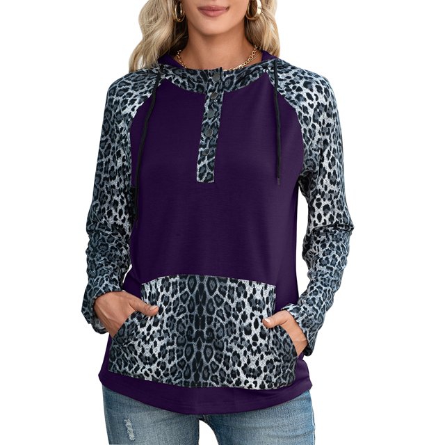 Sudadera con capucha Sudadera con capucha de mujer Leopardo empalme con botones de bolsillo Pullover Camisa Casual con capucha Tops con cordón 1 1