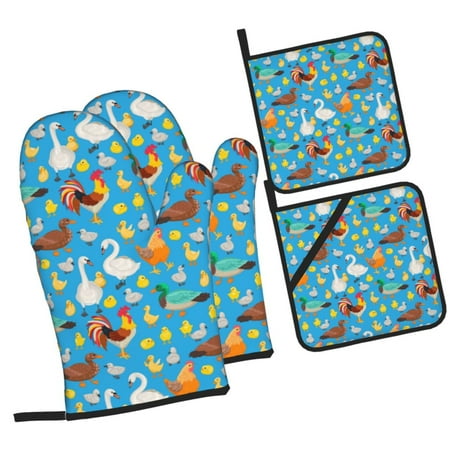 

Daiia Rooster And Chickens Pattern Oven Mitts and Pot Holders 4 pcs Set High Heat Resistant 500 Degree Extra Thicken Long Kitchen Cotton Oven Glove