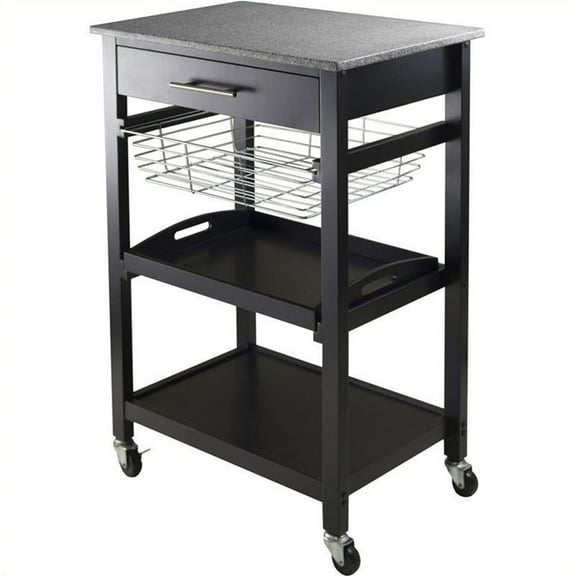 Pemberly Row Transitional Solid Wood Utility Kitchen Cart in Black