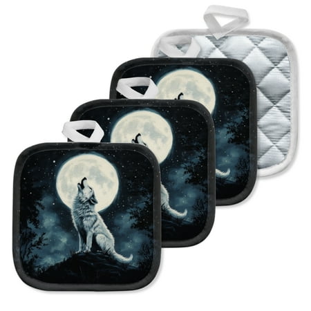 

4 Pack Pot Holders Kitchen Essential Potholder Set Wolf Howling At The Full Moon In A Forest Night