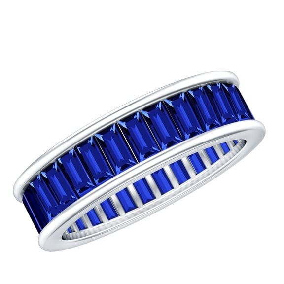 Rosec Jewels Baguette Shape Lab Grown Blue Sapphire Eternity Band Ring - AAAA Quality, 925 Sterling Silver, US 4.00