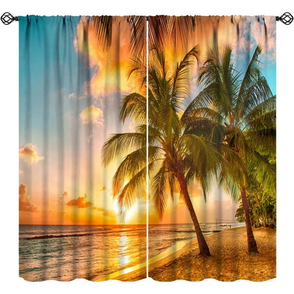 Tropical Beach Curtains, Ocean Beachy Sunset Palm Tree Sea Seaside Landscape Rod Pocket Blackout Window Treatments for Living Room Bedroom, 84" W X 84" L