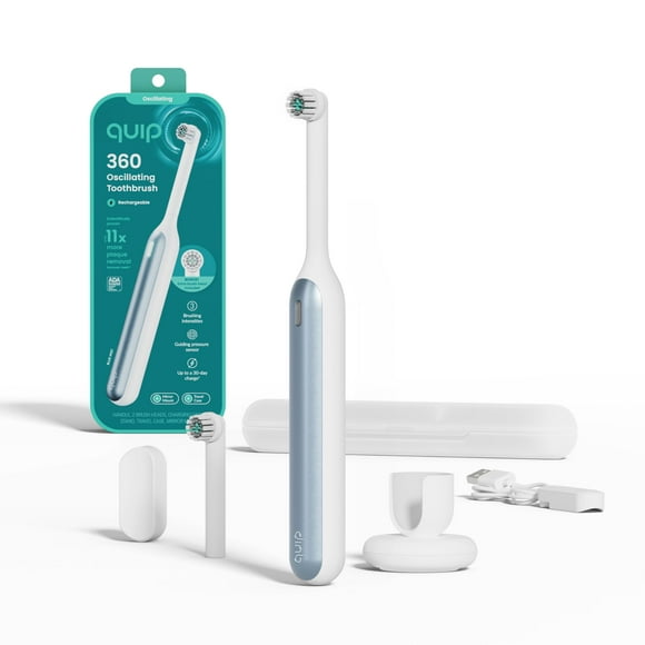 Quip 360 Oscillating Rechargeable Electric Toothbrush with Extra Brush Head - Soft Bristles, Pressure Sensor, 3 Intensities, 30-Day Battery Life, 2-M