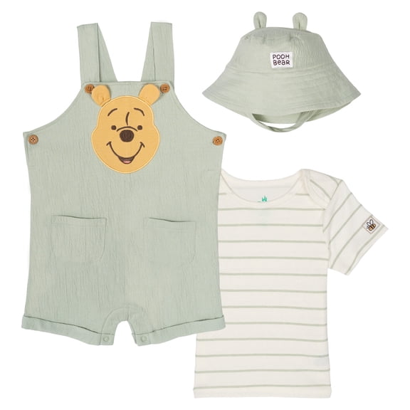 Disney Winnie the Pooh Baby Boys' Shortall and Tee Set with Bucket Hat Light Green