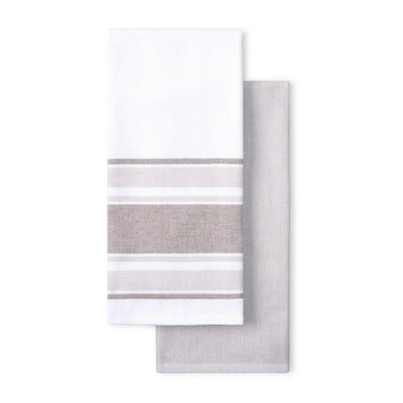 Beautiful Home by Drew Barrymore 2-Piece Yarn Dyed Kitchen Towel Set, Porcini Taupe, 20"W x 30"L