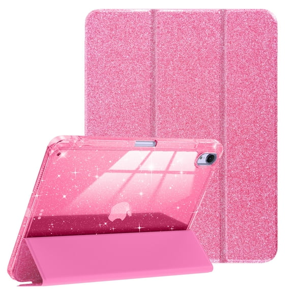 BENTOBEN Case for iPad Air 5th/4th - Glittering Sparkly Protective Cover with Shiny Clear Back Shell w/ Built-in Pencil Holder, Pink