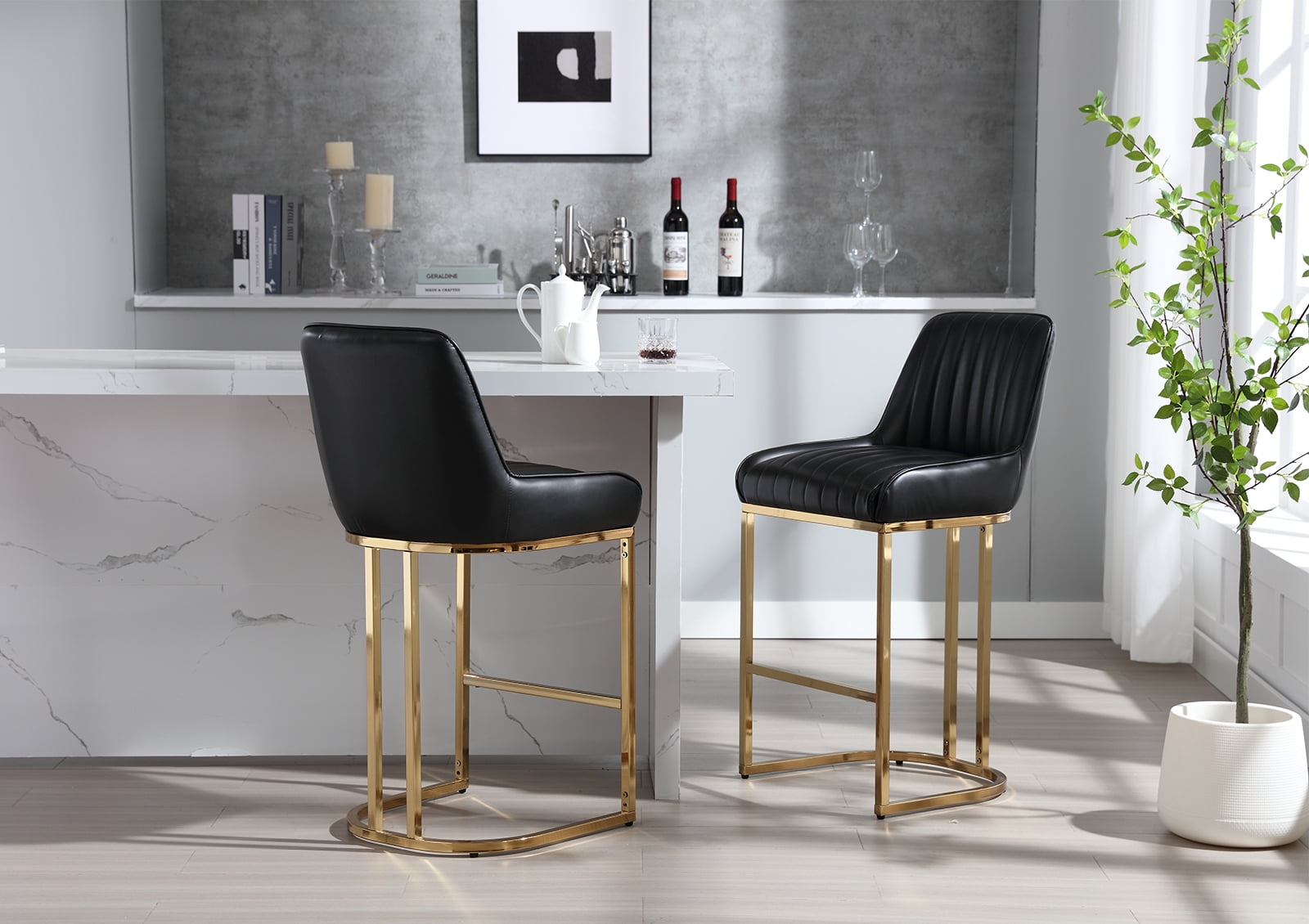 Dayalane Counter Height Bar Stools Set of 2, PU Upholstered Kitchen Barstools with Back and Gold Base, 26 " Modern Elegant Island Chairs for Restaurant Bar Dining Room, Black