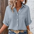 thumbnail image 2 of Womens Lapel Button Down Shirts Short Sleeve Fitted Button Up Dress Shirt Solid Color Collared Blouse Wrinkle Work Business Top with Pocket Casual Elbow Length Half Sleeve Blouse, 2 of 7