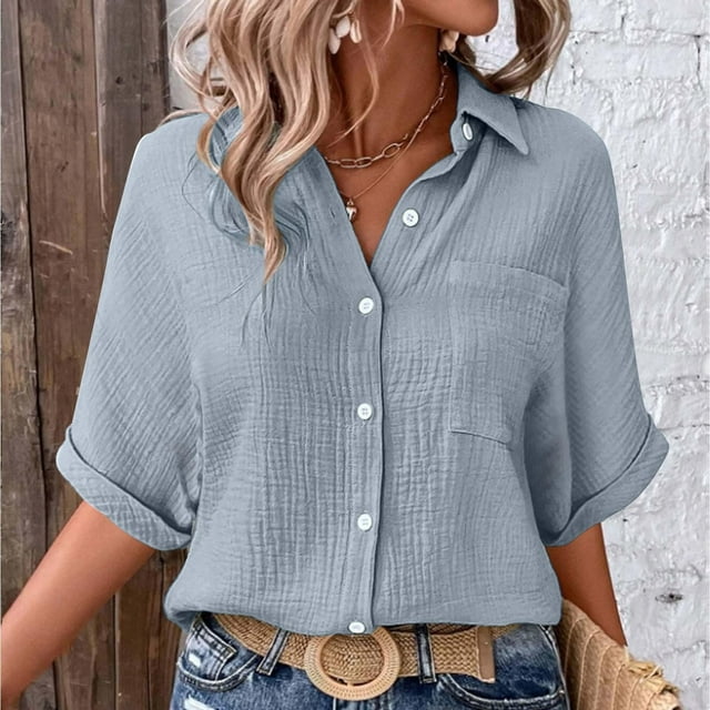 Weiqiqre Womens Summer Outfits Short Sleeve Shirts Spring Summer Tops V Neck Collared Button Down Ladies Shirt Tops Trendy