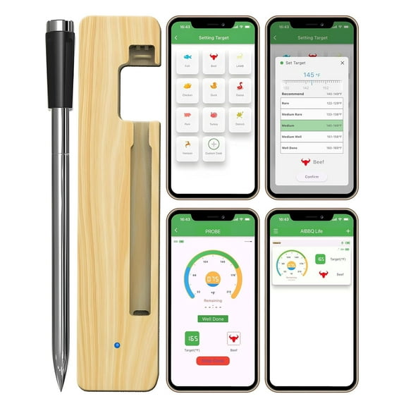 BYXAS Real-Time Alerts Wireless Meat Thermometer - Smart Bluetooth Probe for BBQ, Grill, Oven, Smoker - Long Range Bluetooth, Accuracy Temp, Dishwasher Clean, Waterproof - Perfect for BBQ Lovers