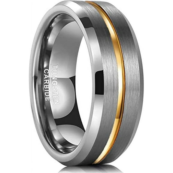 8mm Tungsten Male Female Carbide Ring Gold Line Matte Finish Beveled Edge Wedding Band Size 7 to 12