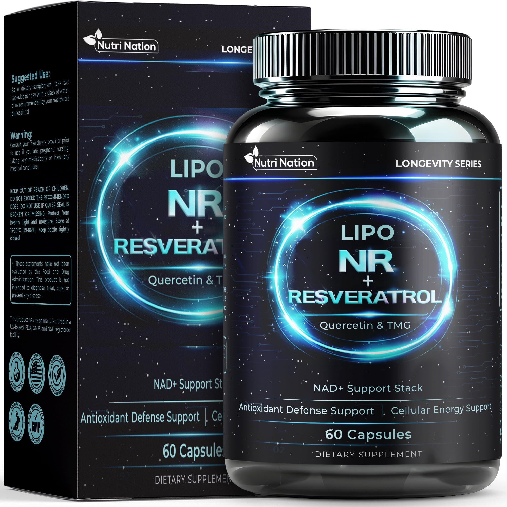 NAD Supplement with Liposomal Nicotinamide Riboside , Resveratrol, Quercetin & TMG, 180 Capsules, 3 Bottles. Cellular Energy & Antioxidant Support