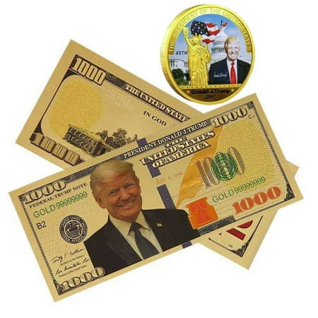 Two Piece Set Pres. Trump Goldplated 1000 Dollar Bill GP Coin with Statue Of Liberty White House American flag coin, DT-5