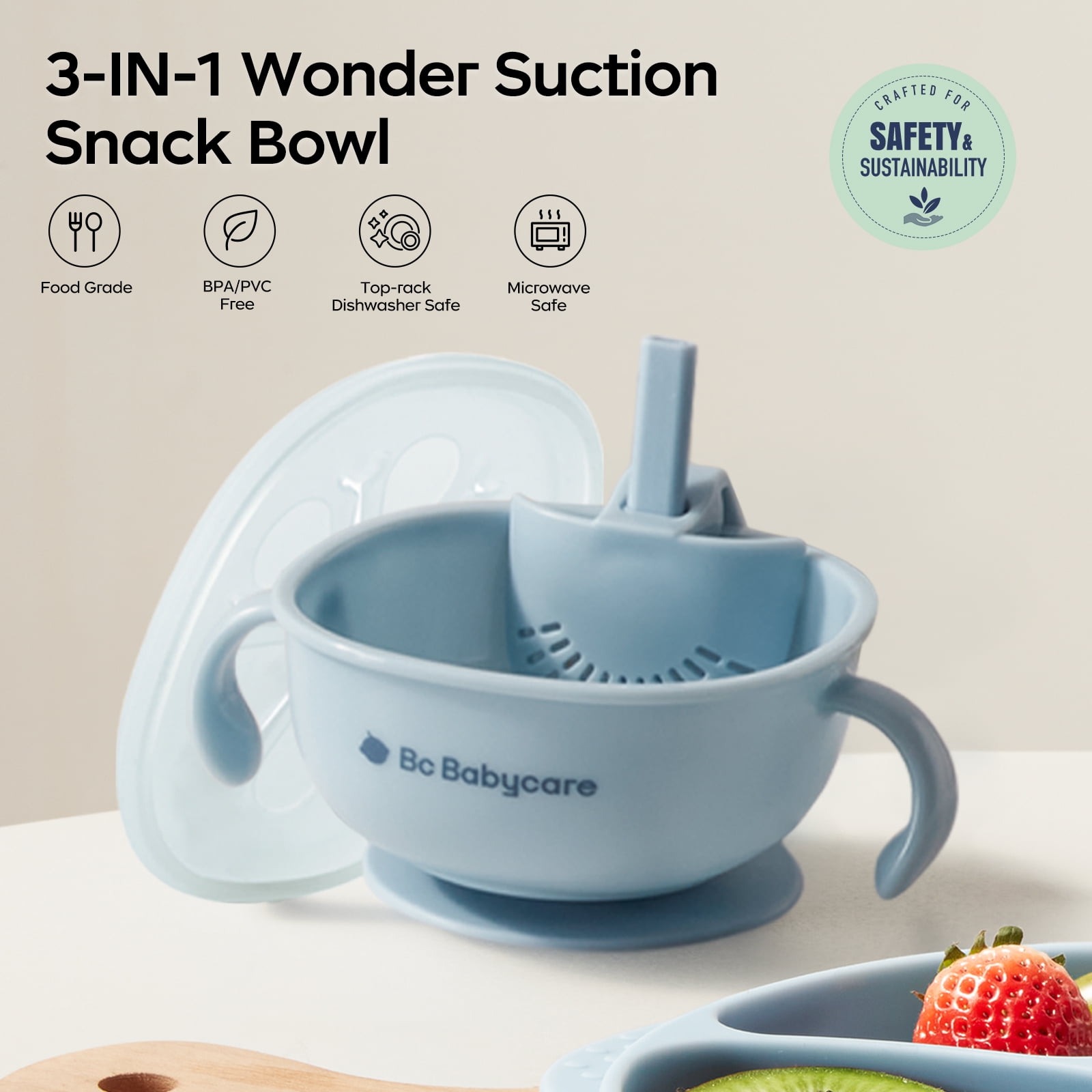 BC Babycare 3-IN-1 Suction Snack Bowl, Baby and Toddler Bowls, BPA-free, Multicolor, Unisex, 2 Pack