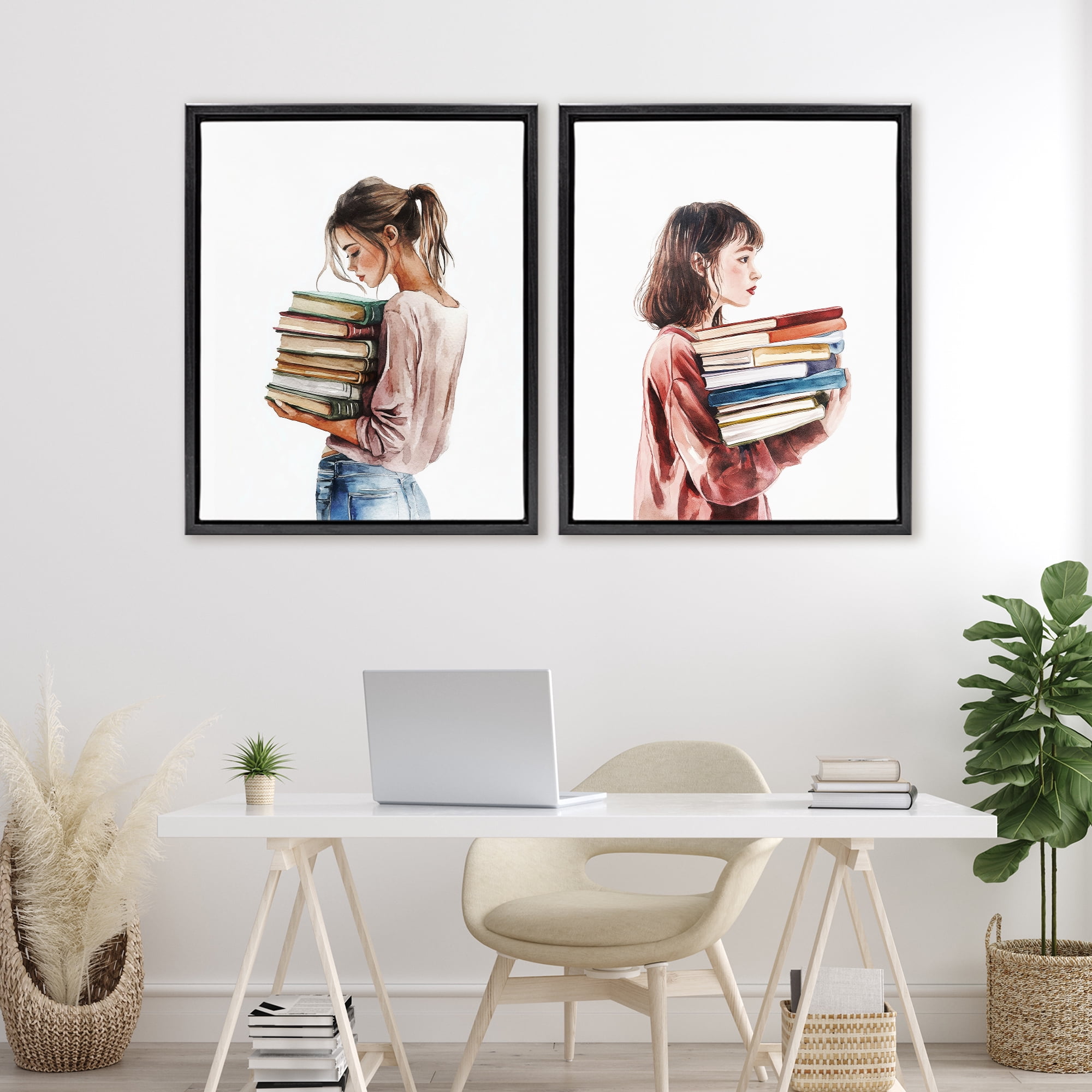 Stupell Industries Girls & Library Book Stacks 2 Piece Black Framed Floater Canvas Set, design by Svetlana Aleynikova