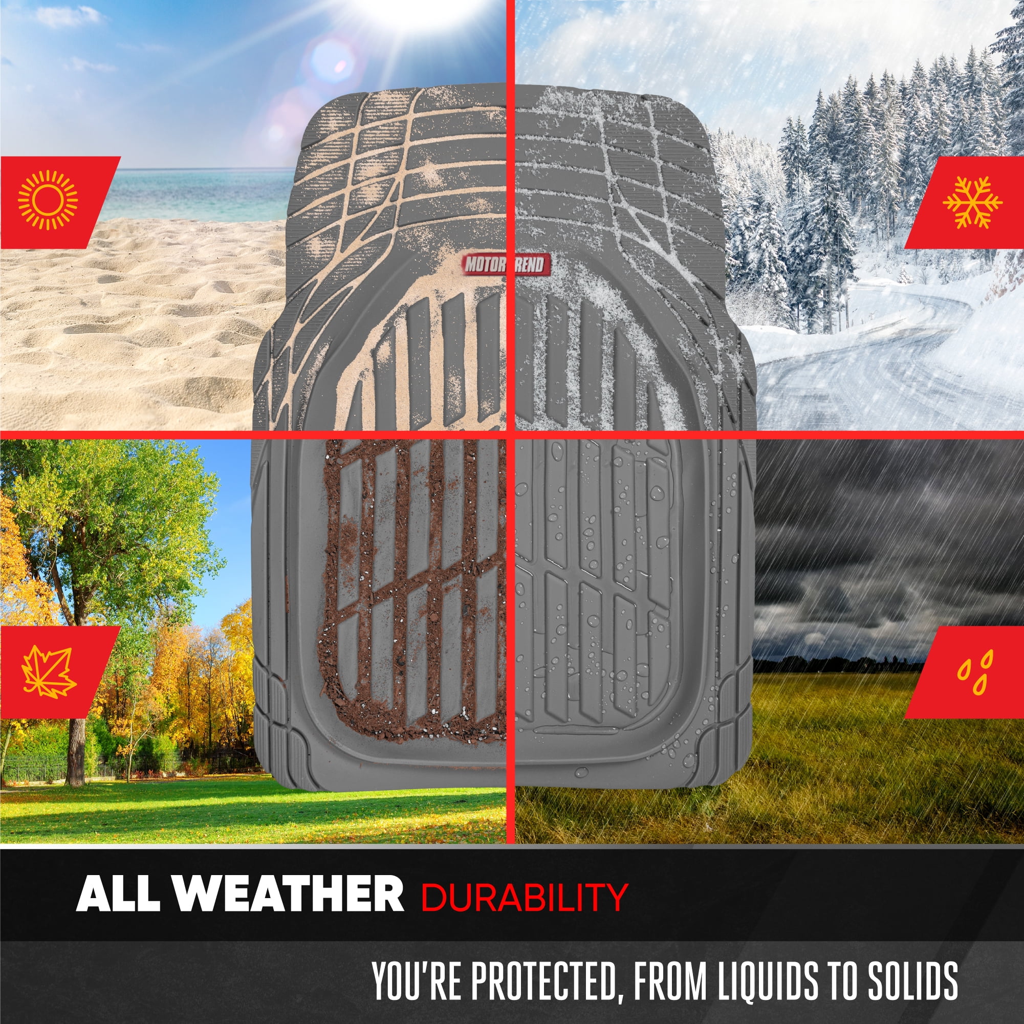 Motor Trend FlexTough Contour Liners Deep Dish 3 pc Rubber Floor Mats & Trimmable Trunk Liner Cargo Mat - Heavy Duty All Weather Protection Car Mats with Traction Grips Car Accessories (Gray)