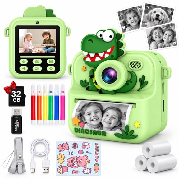 WonderStone Kids Digital Camera, Selfie Instant Print Camera with 32GB Card & 1080P Video, Camera Toy for Toddler Kids, 2 Rolls Paper & Color Pens, Gift for Boys & Girls 3–12, Green