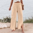 thumbnail image 7 of Domzle Womens Linen Pants Summer 2026 Wide Leg Pants Smocked Waist Ruffle Palazzo Pant Boho Flowy Casual Beach Pant with Pockets Light Brown 3XL Sweatpants, 7 of 7