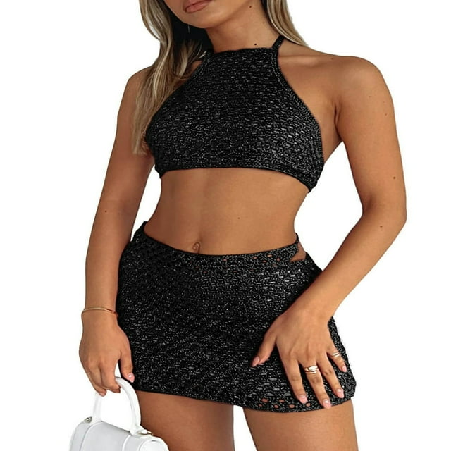 Ensemble 2 Pcs Sans Manches Bodycon Tricoté pour Femmes Haut Court Col Halter + Jupes Courtes Mode Urbaine