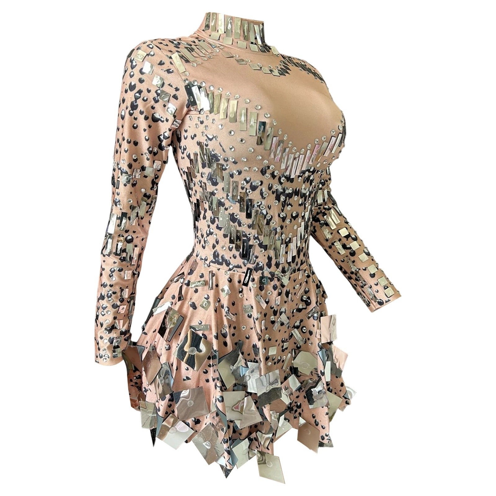 XIAOCHA Women's Mirror Sequin Mini Dress Long Sleeve High Neck Slim Fit Dress Futuristic Party Performance Dress