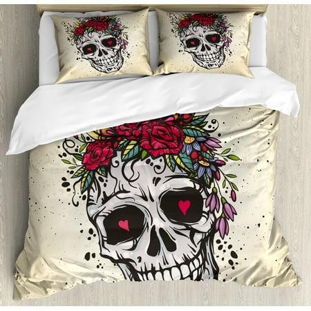 Sugar Skull Duvet Cover Set Human Skull With Wreath Of Roses And