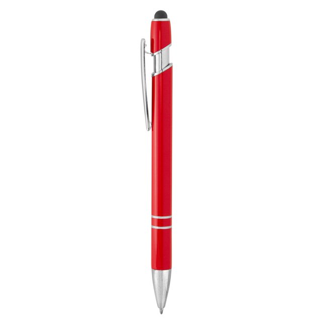 Metálico. Bolígrafo retráctil con pulsador touch. Cuerpo de aluminio de diferentes colores con acabado laca. Puntera, anillos, clip y detalles del pulsador en plateado brillante.