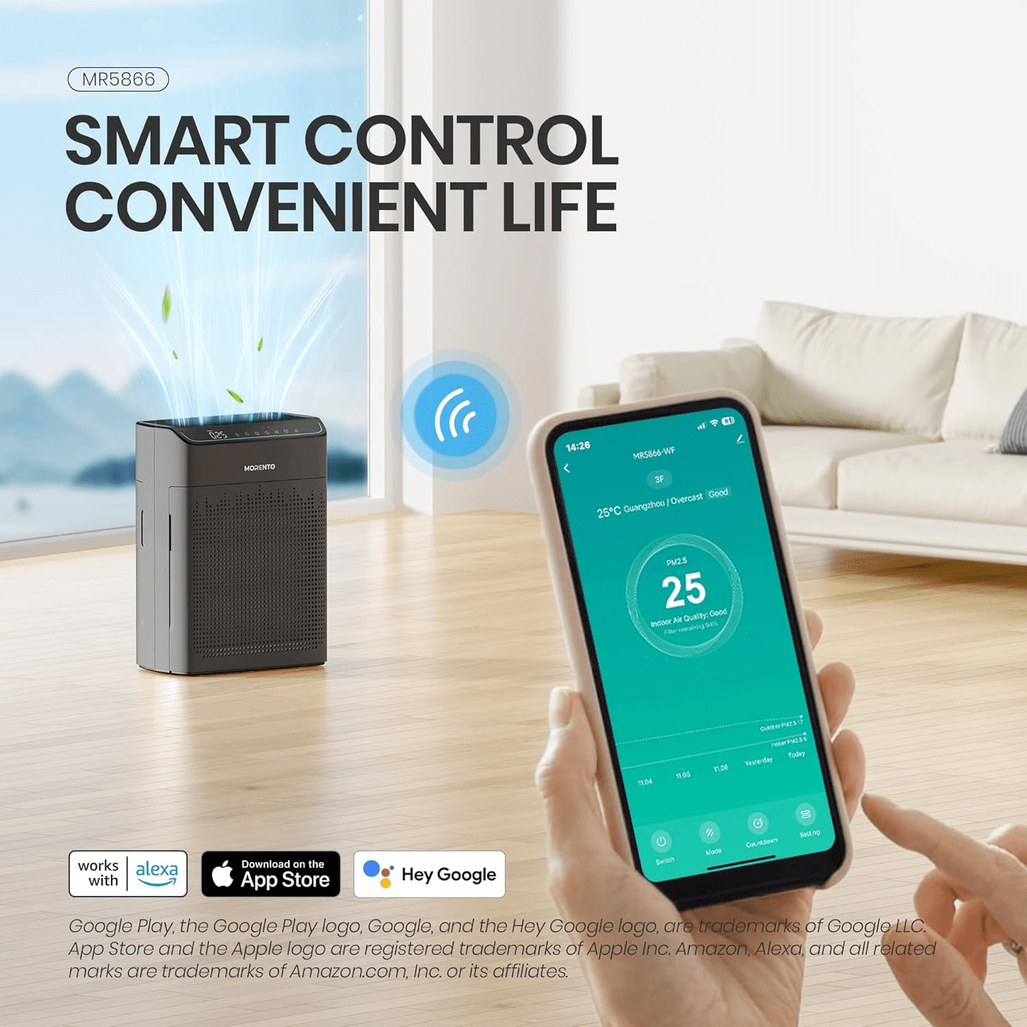 MORENTO Smart Air Purifier for Home Bedroom Large Room Up to 1290 Sqft, Wi-Fi and Alexa compatible, Double-sided HEPA Filter Air Cleaner for Smoke, Dust, Pollen, Pet Hair, Odor, Grey