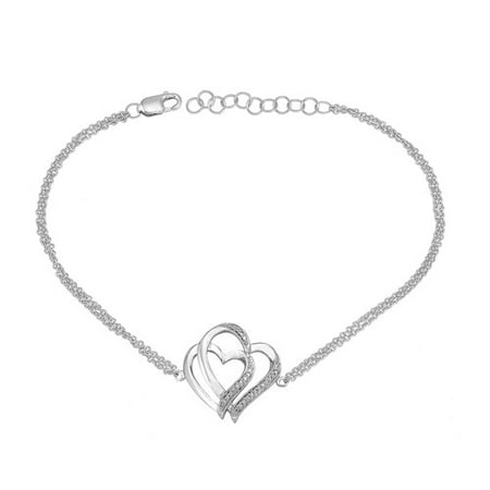 Diamond Accent Sterling Silver Double Heart Bracelet with Lobster Catch, 7" with 1" Extender